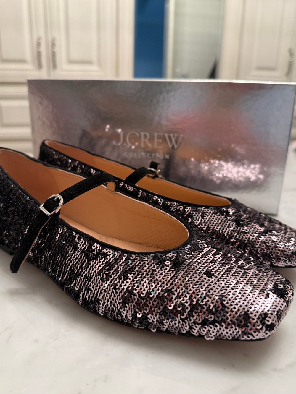 NIB J. Crew Black and Silver Sequin Mary Jane Flats - Picture 2 of 4